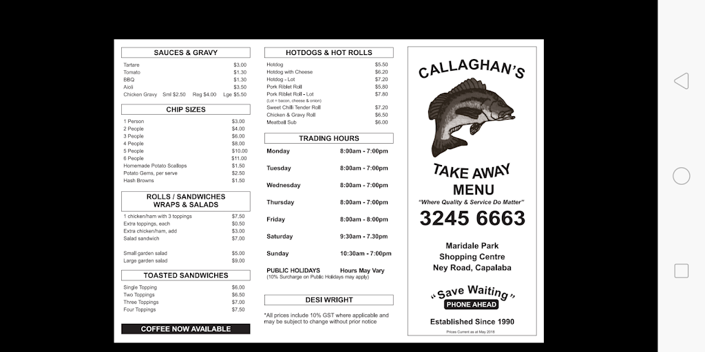 Callaghans Takeaway | meal takeaway | 76 Ney Rd, Capalaba QLD 4157, Australia | 0732456663 OR +61 7 3245 6663