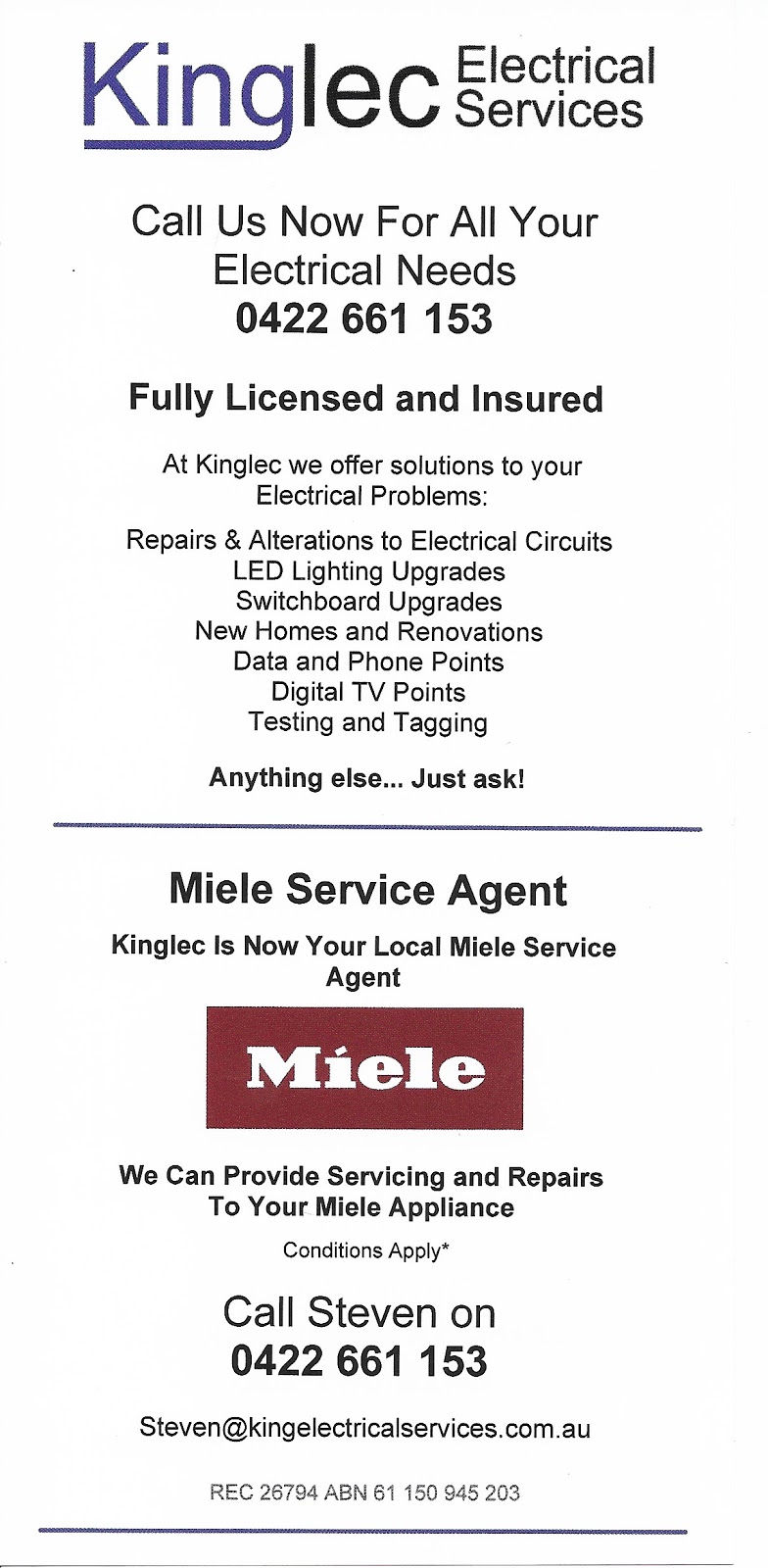 Kinglec Electrical Services Pty Ltd | electrician | 153 Killara Rd, Gruyere VIC 3770, Australia | 0422661153 OR +61 422 661 153