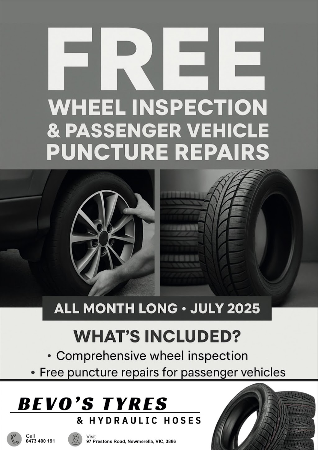 Bevo’s Tyres & Hydraulic Hoses | 97 Prestons Rd, Newmerella VIC 3888, Australia | Phone: 0473 400 191