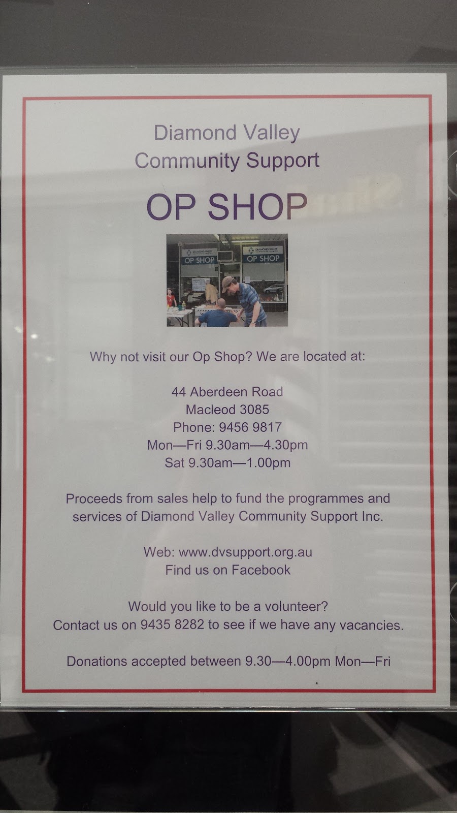 DVCS Op Shop Macleod | 44 Aberdeen Rd, Macleod VIC 3085, Australia | Phone: (03) 9456 9817