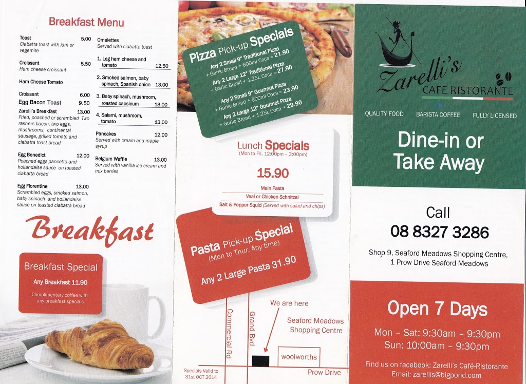 Zarellis Cafe Ristorante | restaurant | Australia, South Australia, Seaford Meadows, Prow Dr, Shop 9邮政编码: 5169 | 0883273286 OR +61 8 8327 3286