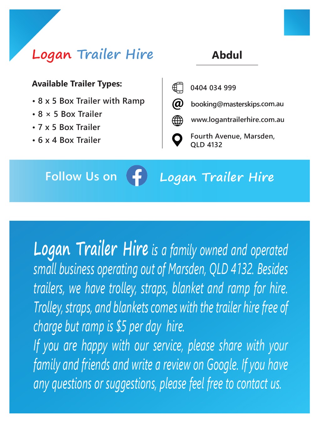 Logan Trailer Hire |  | 33 Fourth Ave, Marsden QLD 4132, Australia | 0404034999 OR +61 404 034 999