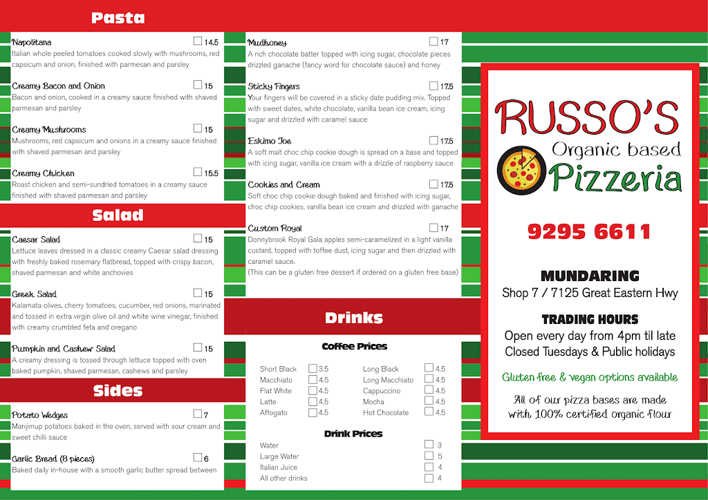 Russo’s Organic Based Pizzeria | Shop 7/7125 Great Eastern Hwy, Mundaring WA 6073, Australia