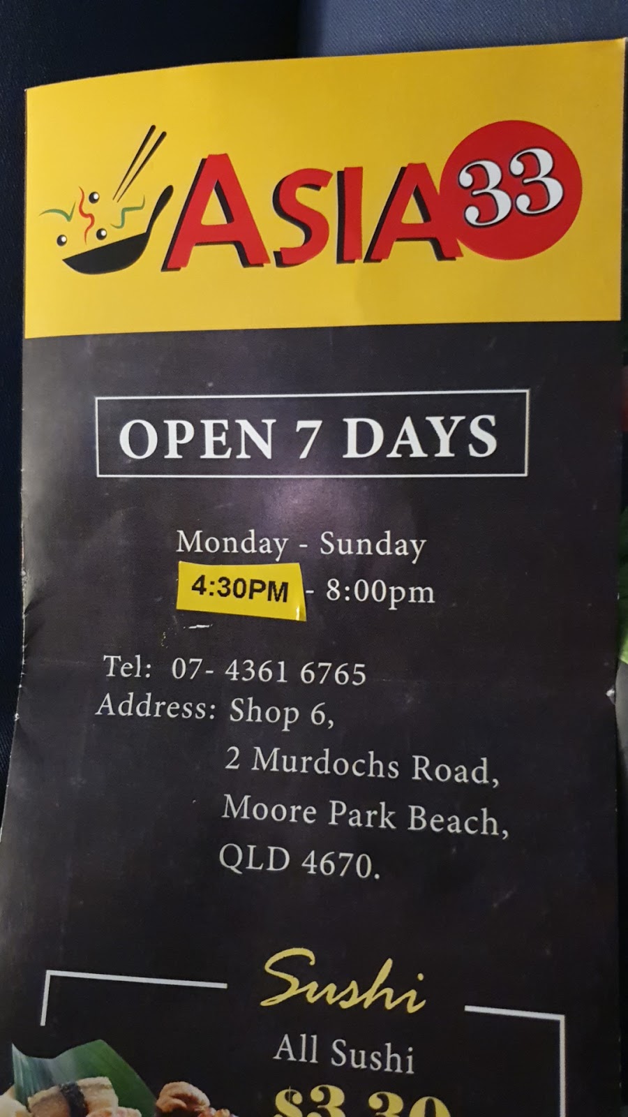 Asia 33 | restaurant | 6/2 Murdochs Rd, Moore Park Beach QLD 4670, Australia | 0743616765 OR +61 7 4361 6765