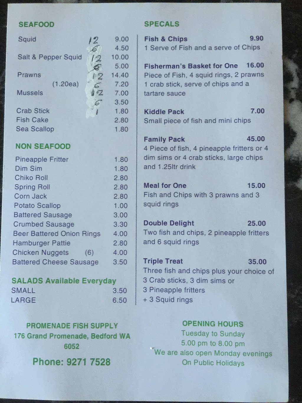 Promenade Fish and chips | restaurant | 176 Grand Promenade, Bedford WA 6052, Australia | 0892717528 OR +61 8 9271 7528