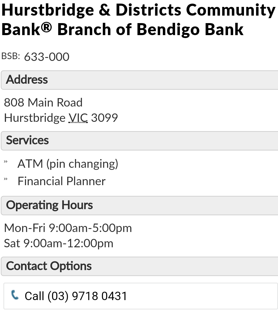 Bendigo Bank | 808 Main Road, Hurstbridge VIC 3099, Australia | Phone: (03) 9718 0431