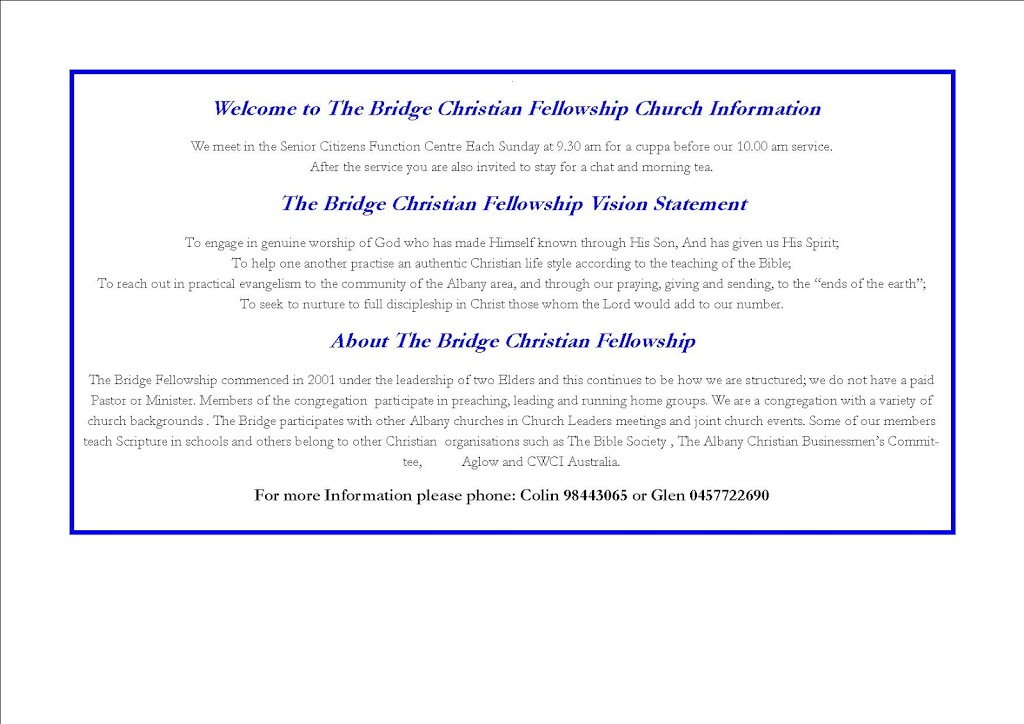 The Bridge Christian Fellowship Albany | church | Senior Citizen Function Centre, 122 Grey St W, Albany WA 6330, Australia | 0457722690 OR +61 457 722 690
