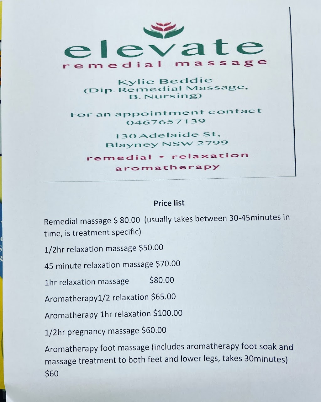 Elevate remedial massage |  | 3/130 Adelaide St, Blayney NSW 2799, Australia | 0467657139 OR +61 467 657 139
