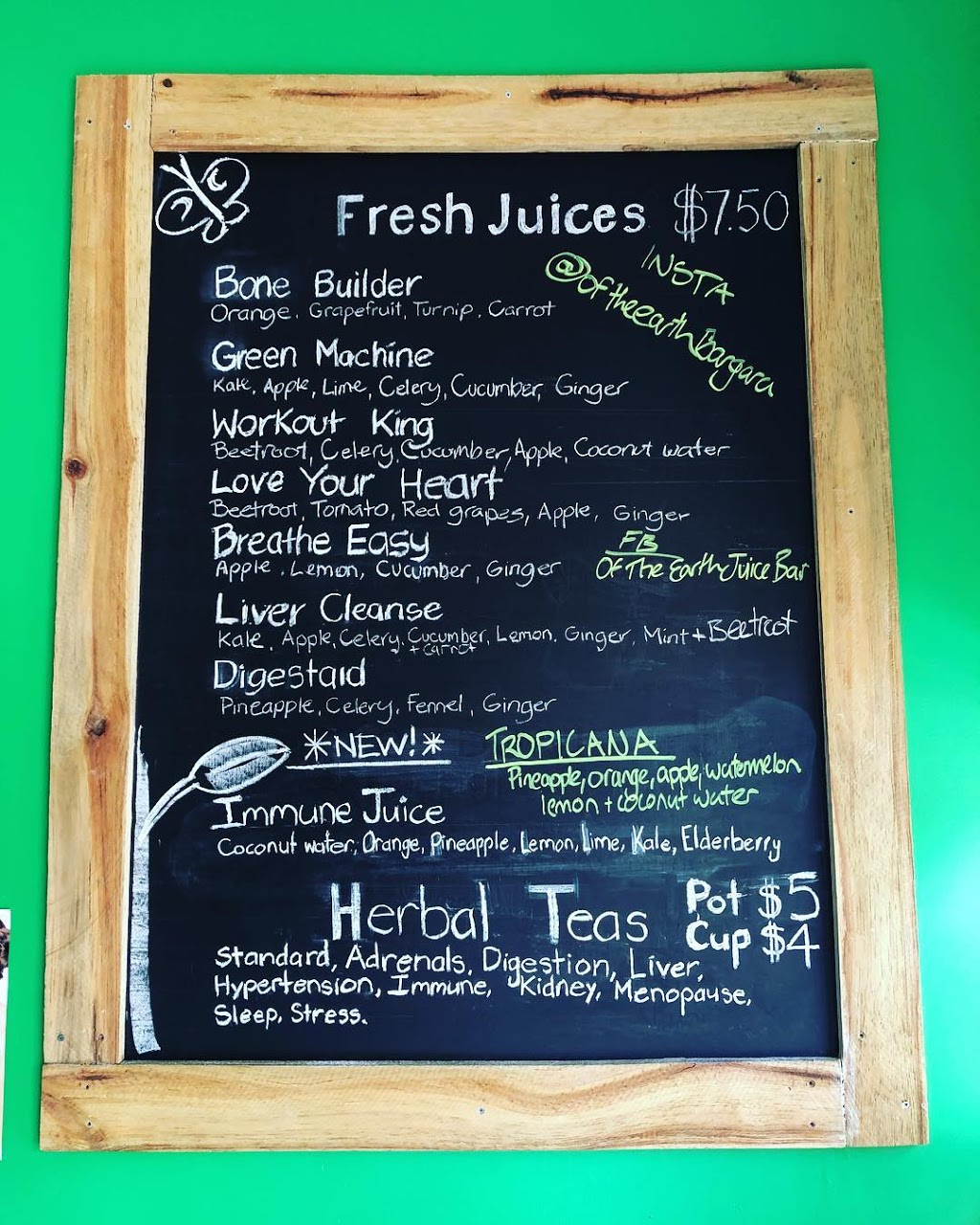 Of The Earth Juice Bar & Health Shop | Beach Plaza, Shop 2a/15 See St, Bargara QLD 4670, Australia | Phone: 0413 844 108