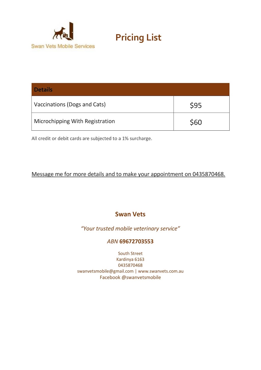 Swan Vets - Mobile Services | veterinary care | South St, Kardinya WA 6163, Australia | 0435870468 OR +61 435 870 468