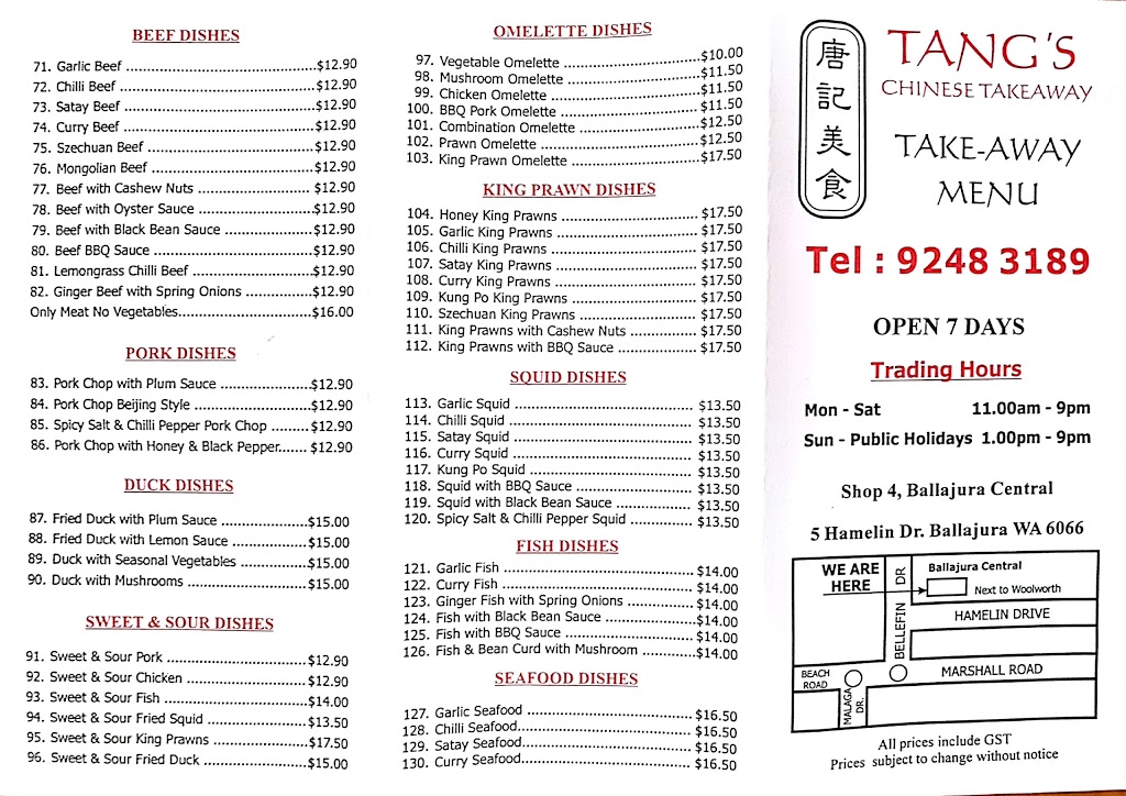 Tangs Chinese Takeaway | meal takeaway | 5 Hamelin Dr, Ballajura WA 6066, Australia | 0892483189 OR +61 8 9248 3189