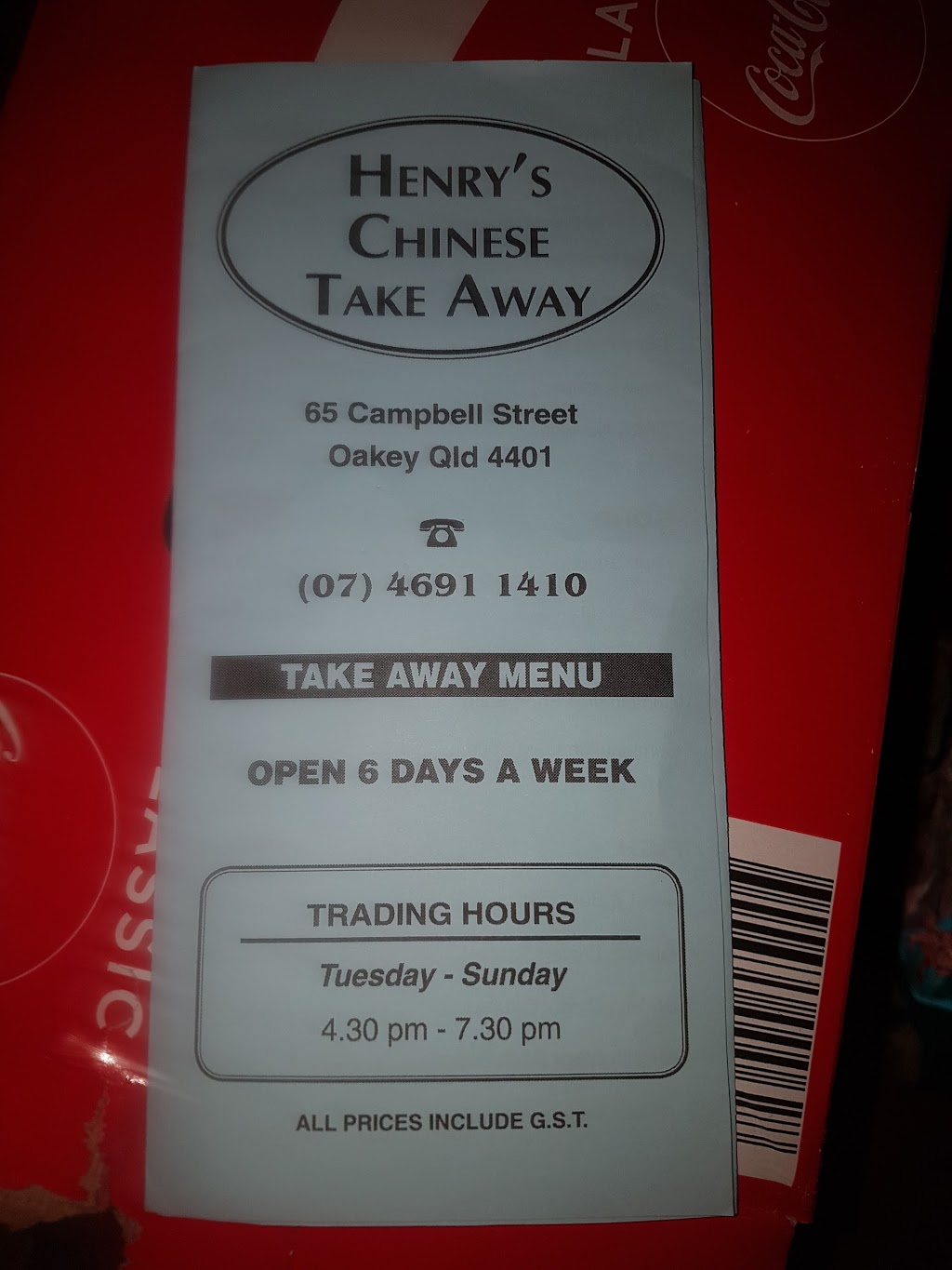 Henrys Chinese Restaurant | restaurant | 65 Campbell St, Oakey QLD 4401, Australia | 0746911410 OR +61 7 4691 1410