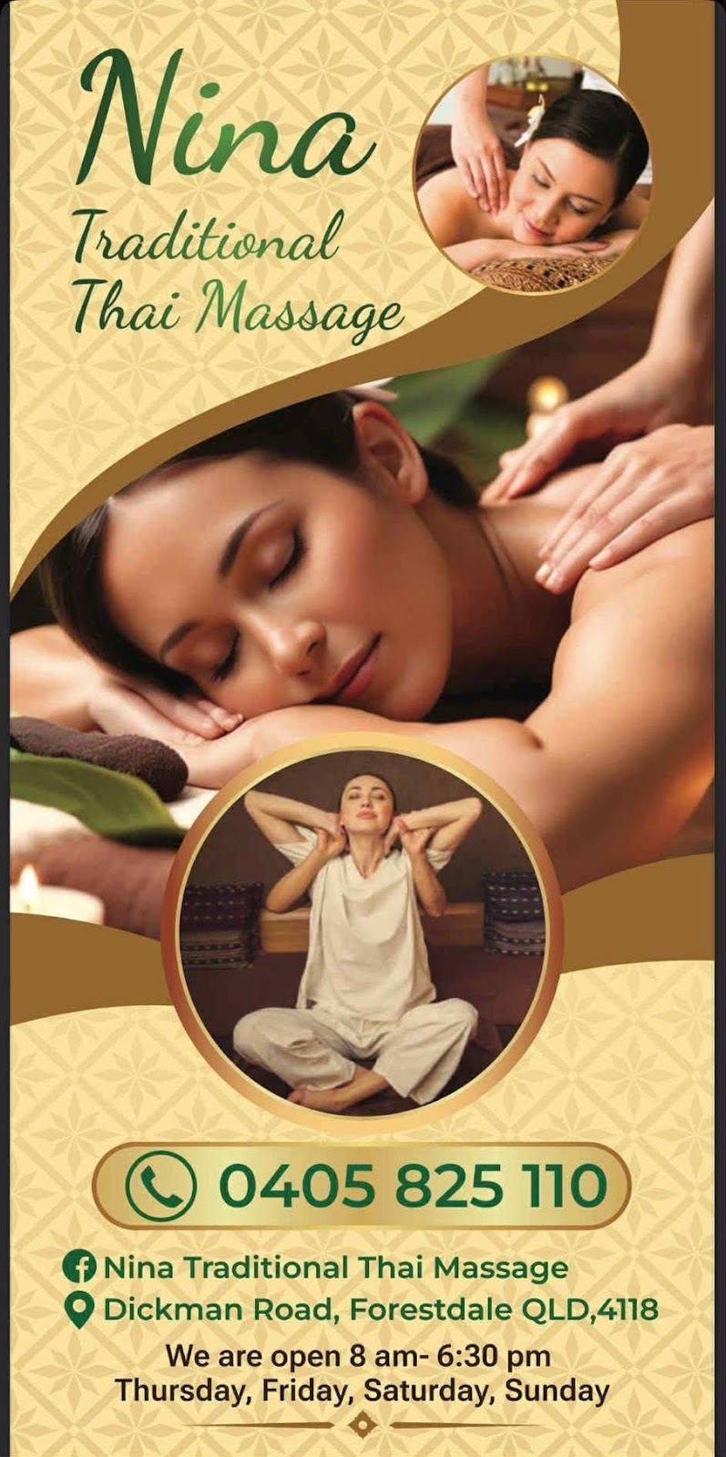 Nina Traditional Thai massage | 74 Dickman Rd, Forestdale QLD 4118, Australia | Phone: 0405 825 110