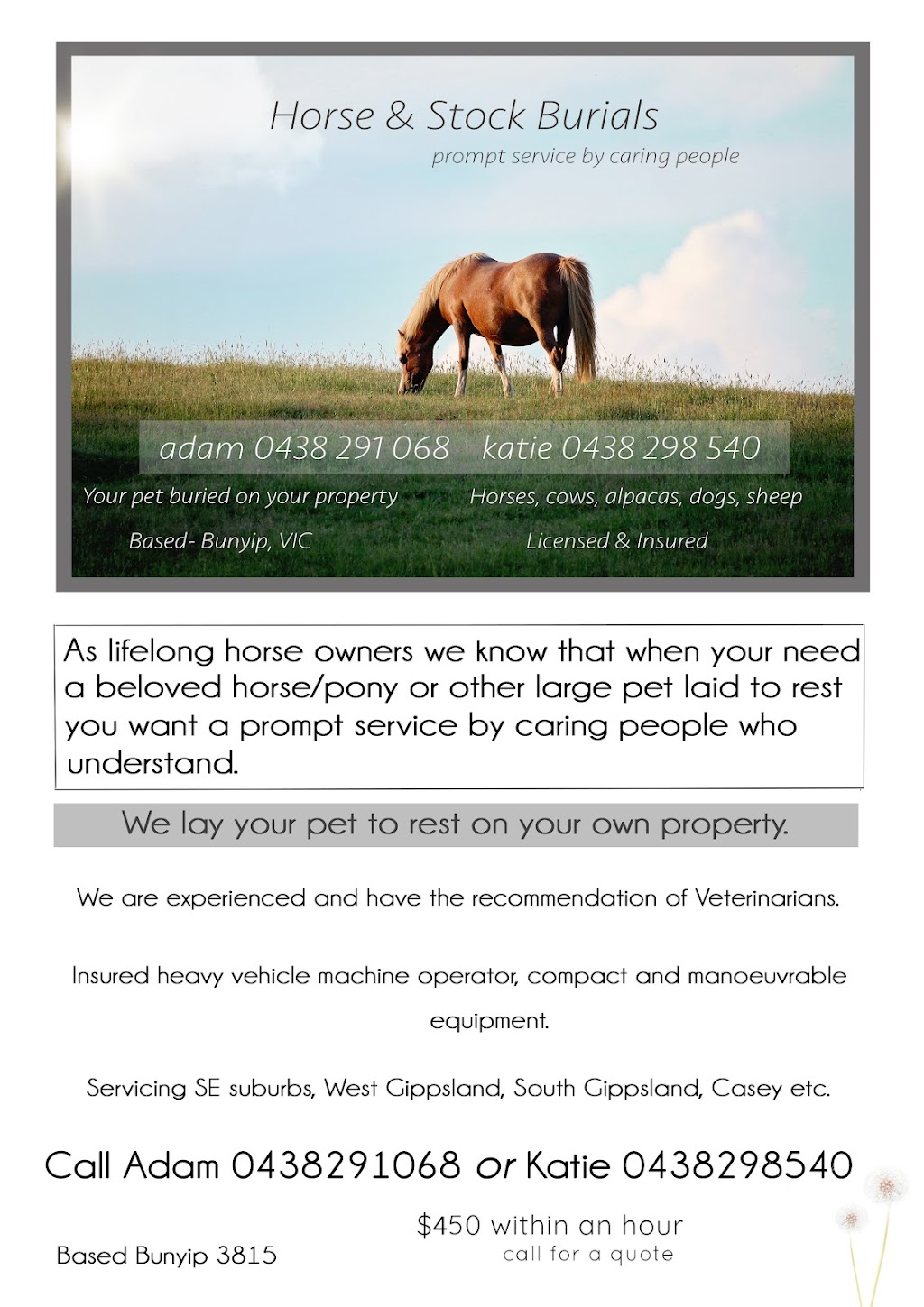 Horse and Stock Burials | 45 Tinkham Rd, Tonimbuk VIC 3815, Australia | Phone: 0438 291 068