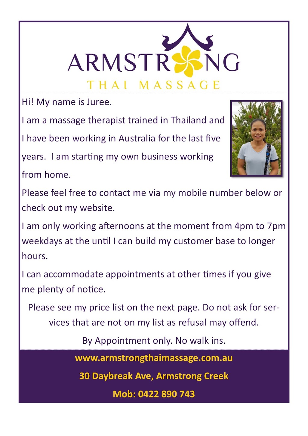 Armstrong Thai Massage | 30 Daybreak Ave, Armstrong Creek VIC 3217, Australia | Phone: 0422 890 743