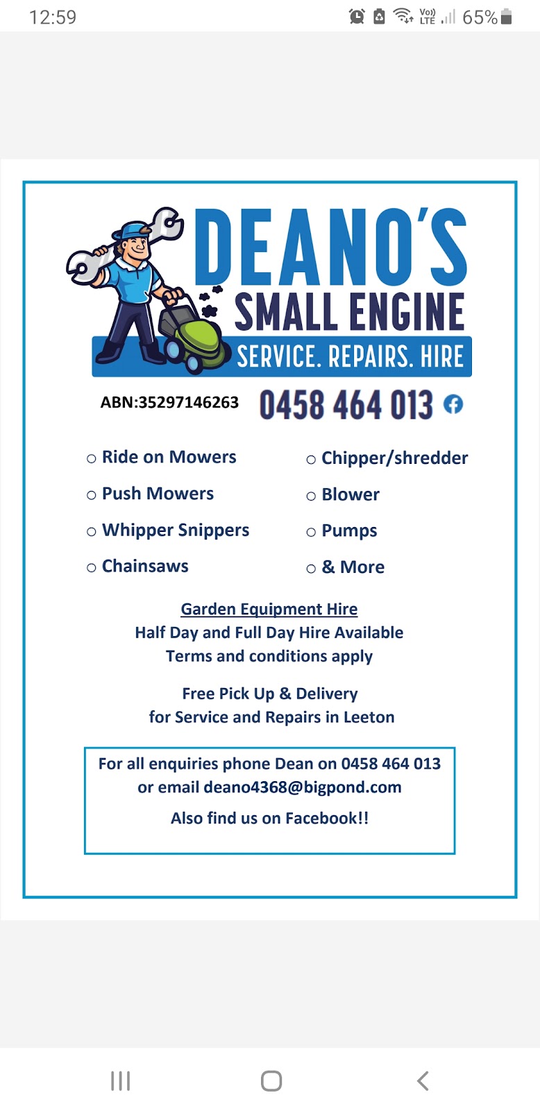 Deanos small engine service & repairs | 13 Toorak Rd, Leeton NSW 2705, Australia | Phone: 0458 464 013