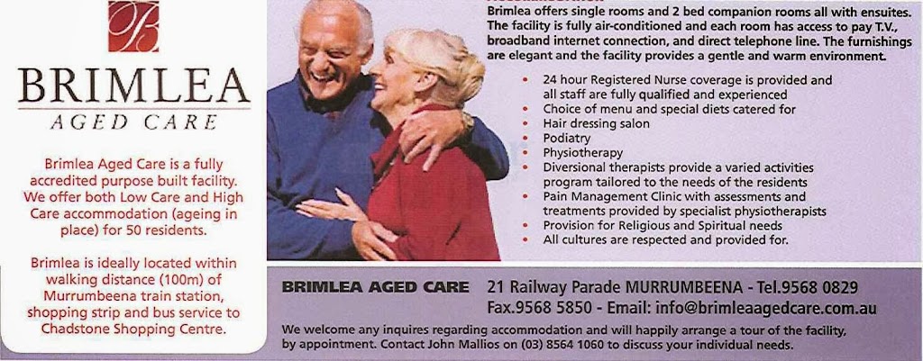 Brimlea Aged Care | health | 21 Railway Parade, Murrumbeena VIC 3163, Australia | 0395680829 OR +61 3 9568 0829