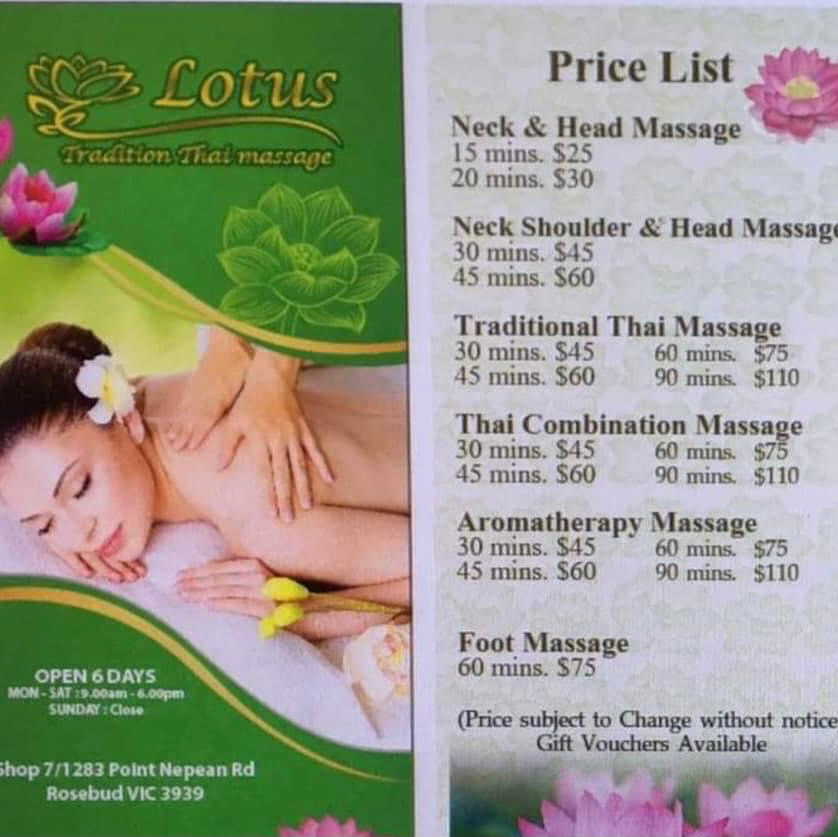 Lotus Traditional Thai Massage | Shop 7/1283 Point Nepean Rd, Rosebud VIC 3939, Australia | Phone: (03) 5986 1453