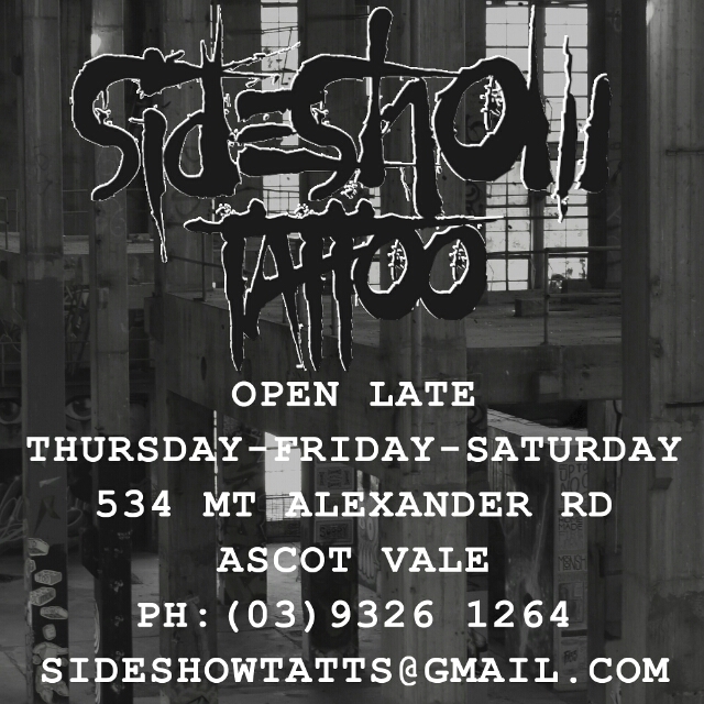 Sideshow Tattoos | store | 534 Mt Alexander Rd, Ascot Vale VIC 3032, Australia | 0393261264 OR +61 3 9326 1264