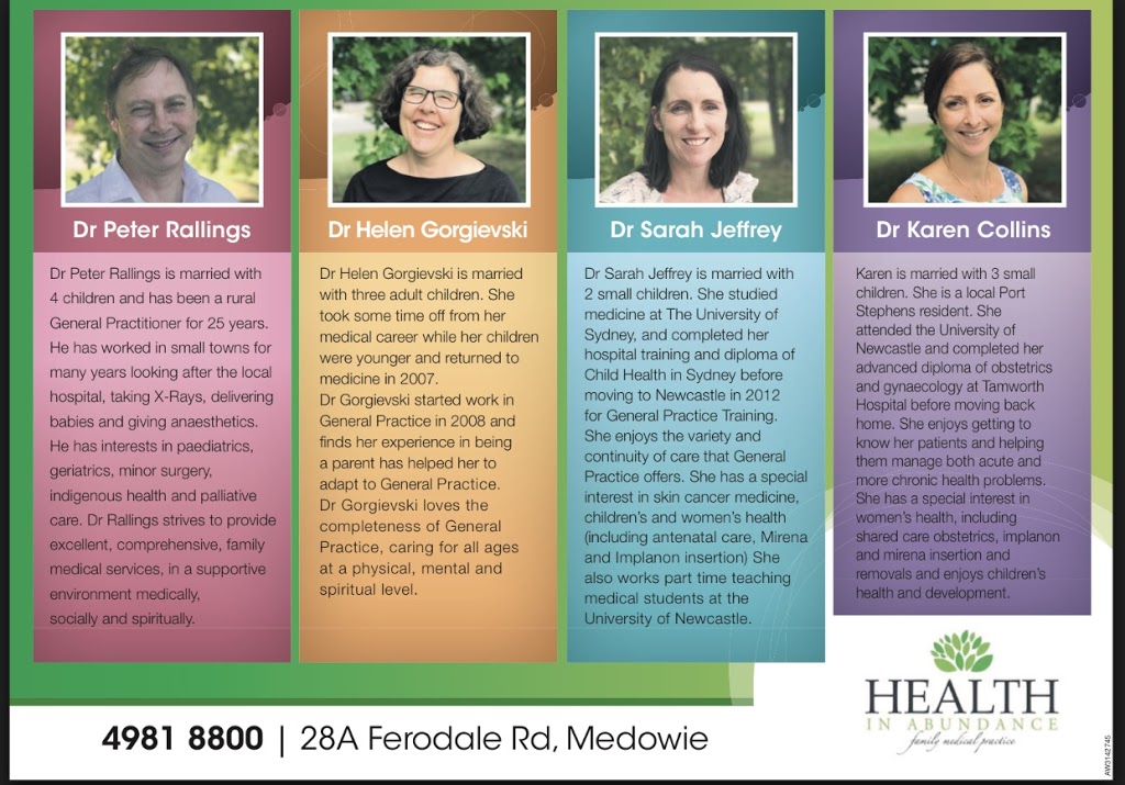 Health In Abundance Family Medical Practice | health | 28A Ferodale Rd, Medowie NSW 2318, Australia | 0249818800 OR +61 2 4981 8800