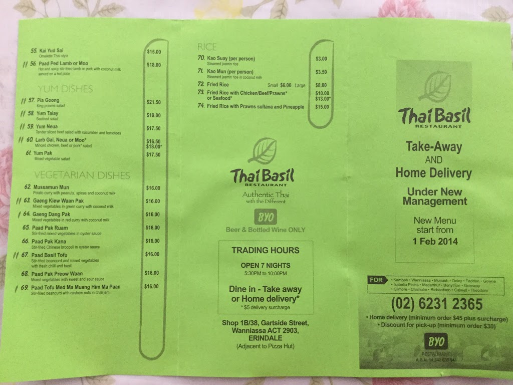 Thai Basil Restaurant | meal takeaway | 38-70 Gartside St, Wanniassa ACT 2903, Australia | 0262312365 OR +61 2 6231 2365