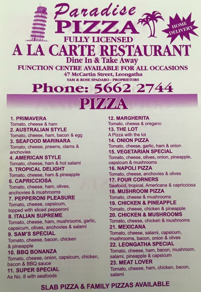 Paradise Pizza & Restaurant | meal takeaway | 47 McCartin St, Leongatha VIC 3953, Australia | 0356622744 OR +61 3 5662 2744