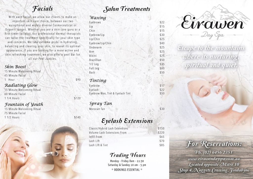 Eirawen Day Spa | Shop 4/19 Snowy River Ave, Jindabyne NSW 2627, Australia | Phone: (02) 6456 2351