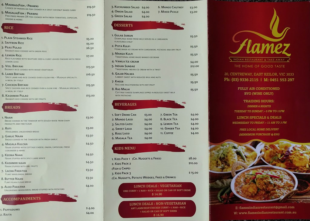 Flamez Indian Restaurant | 20 Centreway, Keilor East, Melbourne VIC 3033, Australia | Phone: (03) 9336 2115