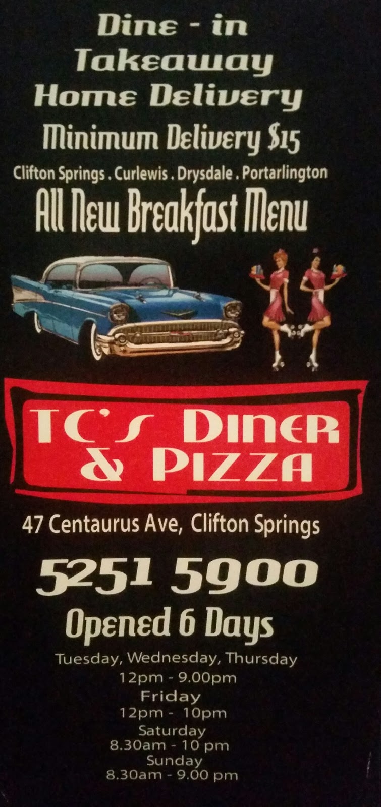 TCs Diner | meal takeaway | 47 Centaurus Ave, Clifton Springs VIC 3222, Australia | 0352515900 OR +61 3 5251 5900