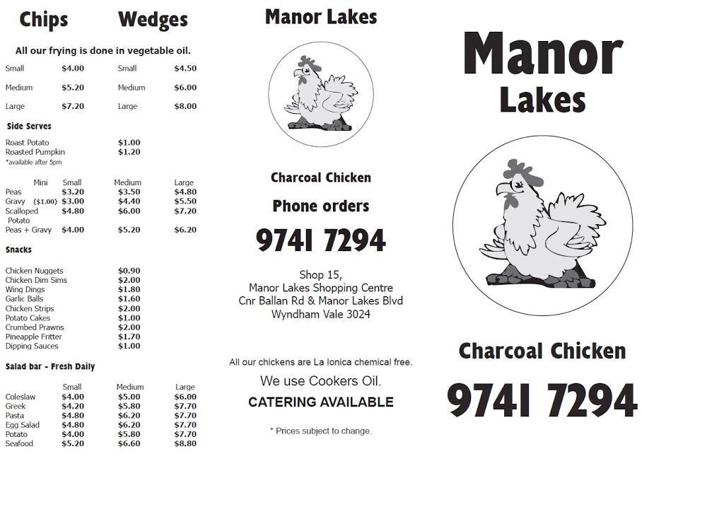 Manor Lakes Charcoal Chicken | restaurant | Manor Lakes Shopping Centre, 15/8 Manor Lakes Blvd, Wyndham Vale VIC 3024, Australia | 0397417294 OR +61 3 9741 7294