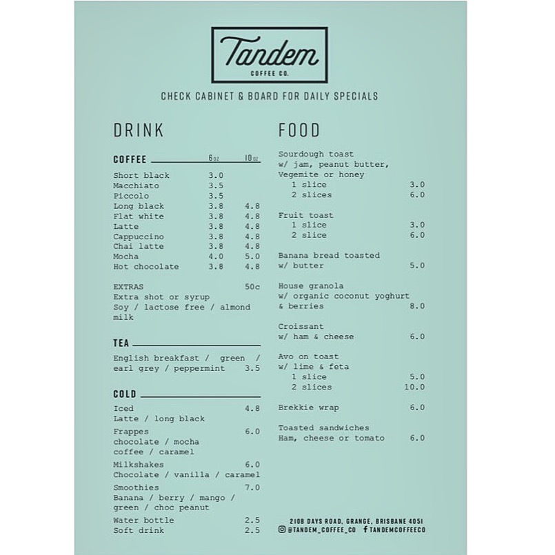 Tandem Coffee Co. | 210b Days Rd, Grange QLD 4051, Australia | Phone: 0438 736 767