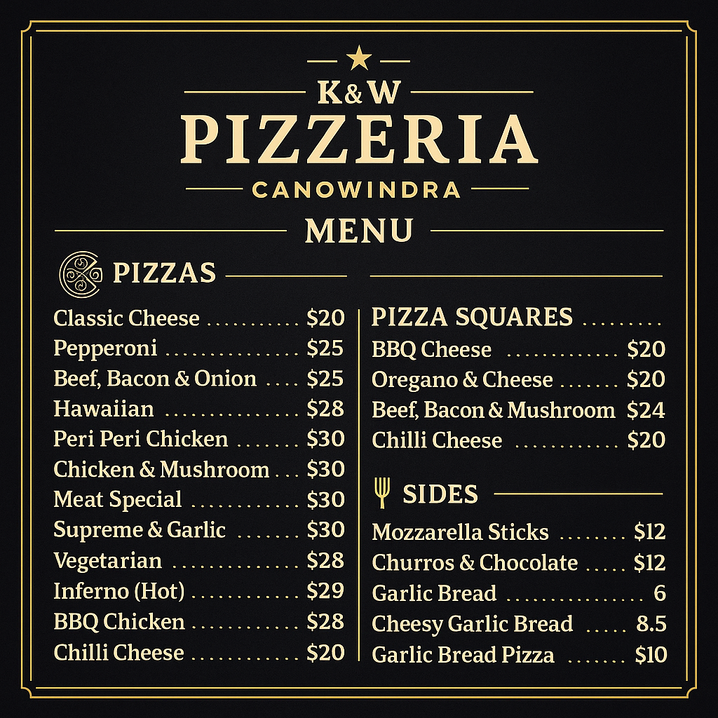 K&W PIZZERIA | 57 Gaskill St, Canowindra NSW 2804, Australia | Phone: 0439 179 984