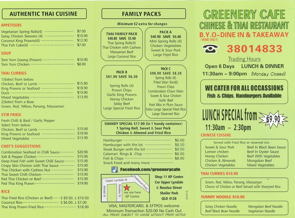 Greenery Cafe Chinese & Thai Takeaway | meal takeaway | Shop 11 KP Centre, Upper Lyndale & Roselea Streets, Shailer Park QLD 4128, Australia | 0738014833 OR +61 7 3801 4833