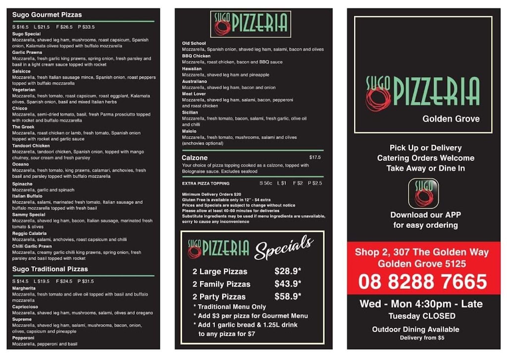 Sugo Pizzeria | meal takeaway | Shop 2/307 The Golden Way, Golden Grove SA 5125, Australia | 0882887665 OR +61 8 8288 7665