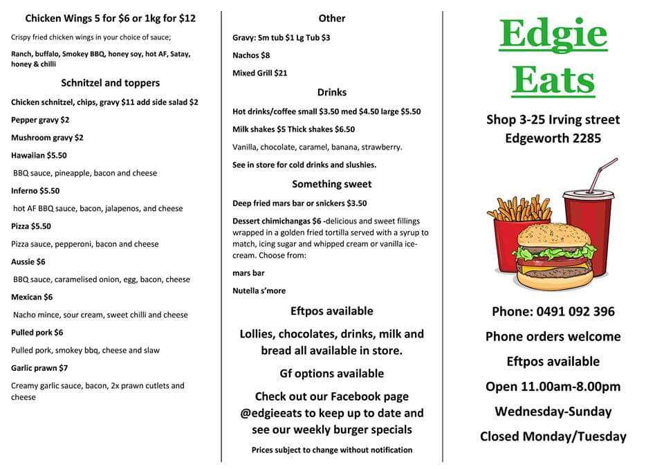 Edgie eats | meal takeaway | 3/25 Irving St, Edgeworth NSW 2285, Australia | 0491092396 OR +61 491 092 396