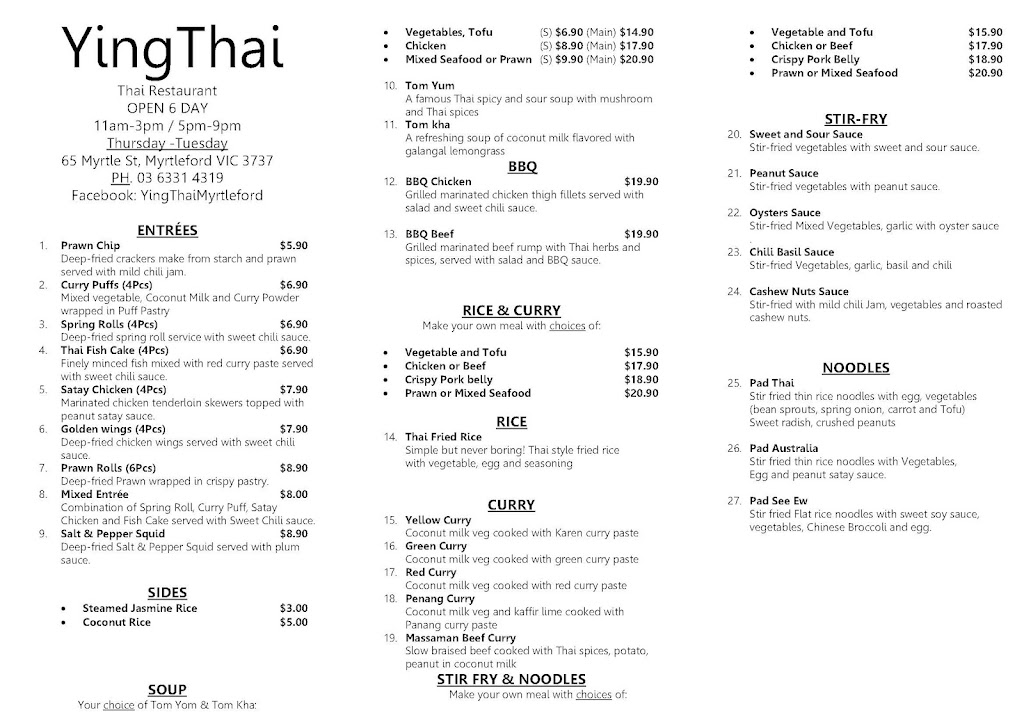 Ying Thai, Thai Restaurant | restaurant | 65 Myrtle St, Myrtleford VIC 3737, Australia | 0363314319 OR +61 3 6331 4319