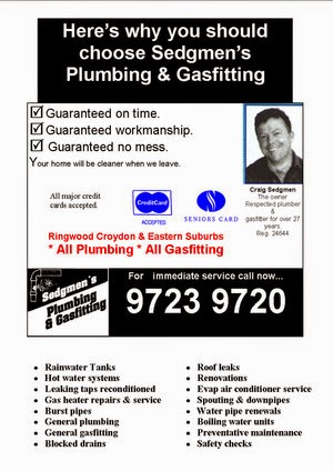 C. S. Sedgmen Plumbing & Gasfitting | plumber | 104 Birmingham Rd, Mount Evelyn VIC 3796, Australia | 0397239720 OR +61 3 9723 9720