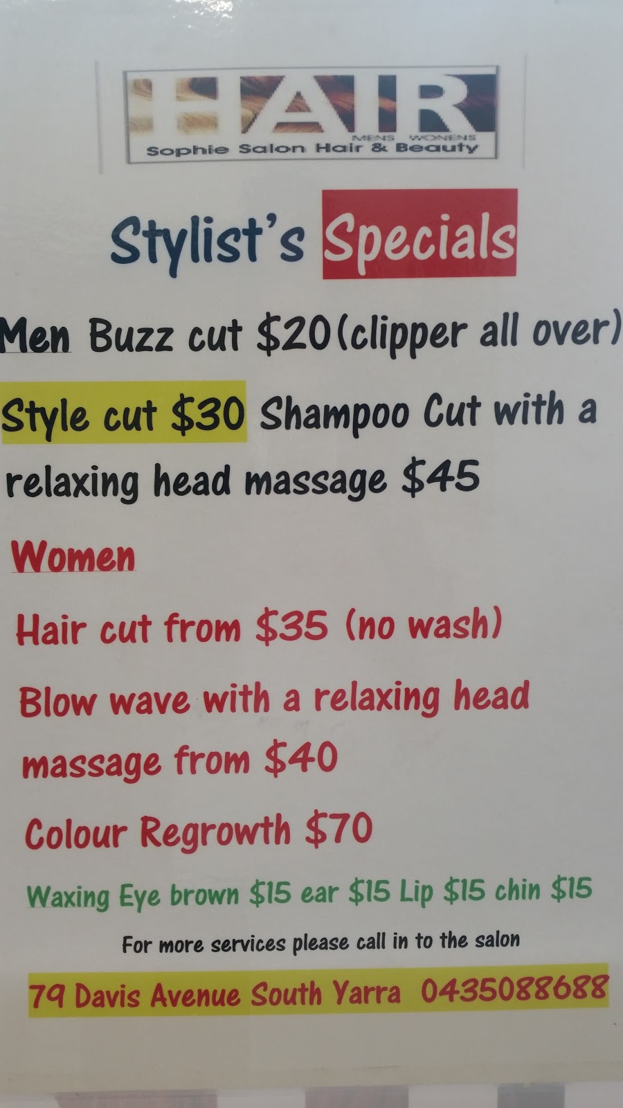 Sophie Salon Hair & Beauty South Yarra | hair care | 79 Davis Ave, South Yarra VIC 3141, Australia | 0435088688 OR +61 435 088 688