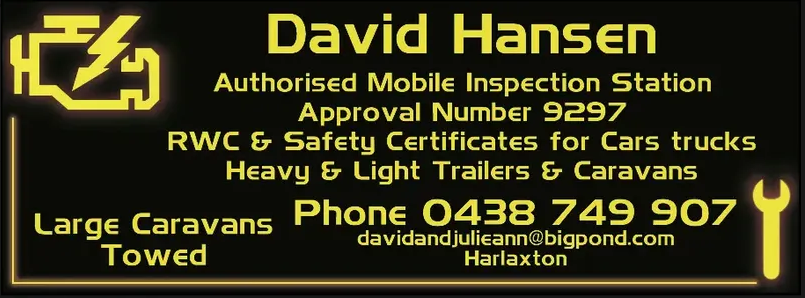 David Hansen Mobile Roadworthys | car repair | 2 Ruthven St, Harlaxton QLD 4350, Australia | 0438749907 OR +61 438 749 907