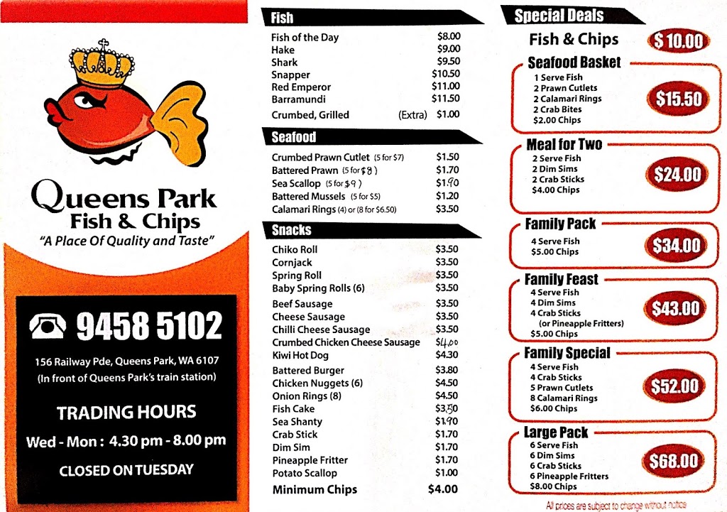 Queens Park Fish & Chips | restaurant | 156A Railway Parade, Queens Park WA 6107, Australia | 0894585102 OR +61 8 9458 5102