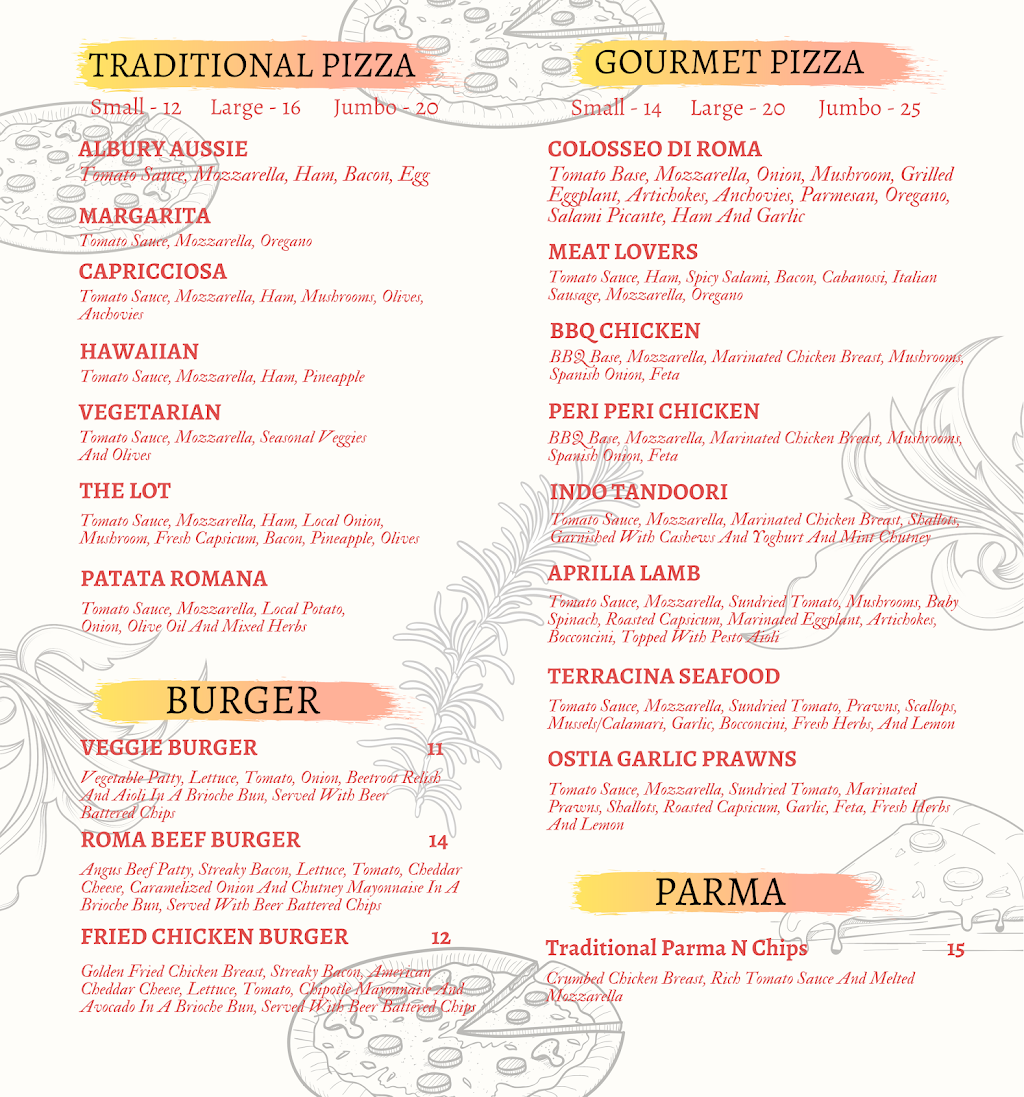 Roma Restaurant and Pizzeria | 406 Wodonga Pl, Albury NSW 2640, Australia | Phone: (02) 6000 2745