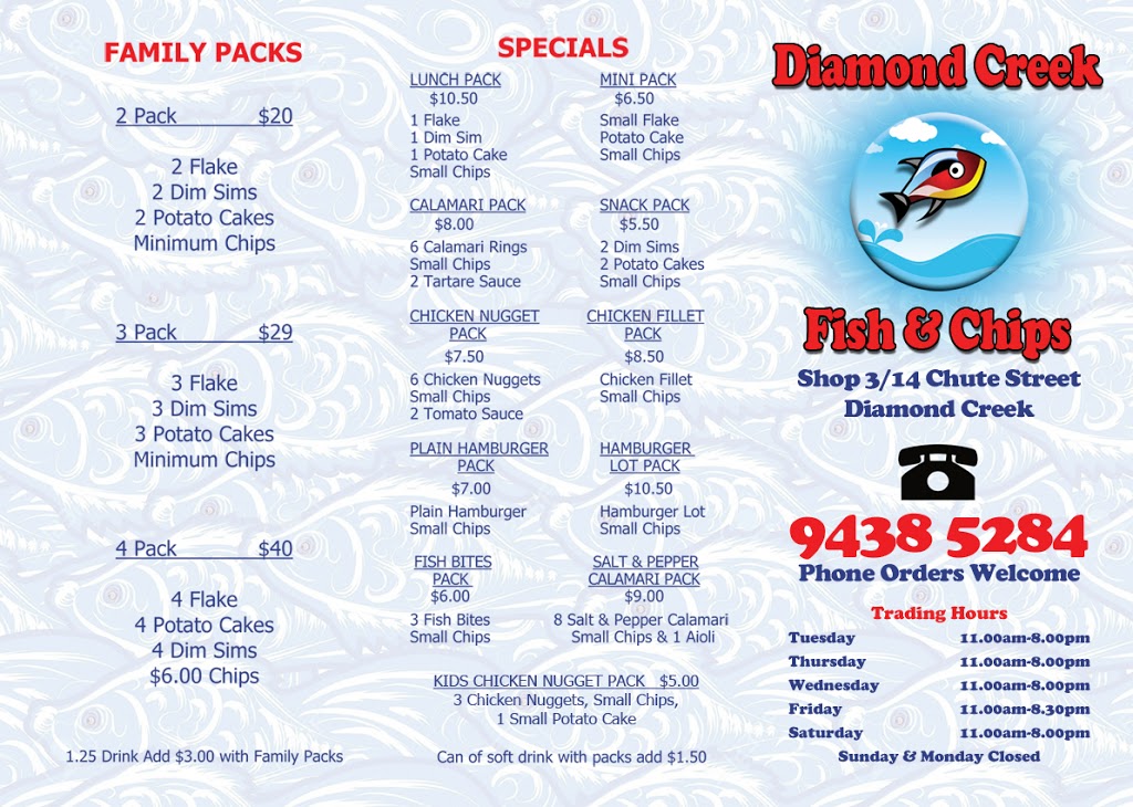 Diamond Creek Fish & Chips | restaurant | 3/14 Chute St, Diamond Creek VIC 3089, Australia | 0394385284 OR +61 3 9438 5284