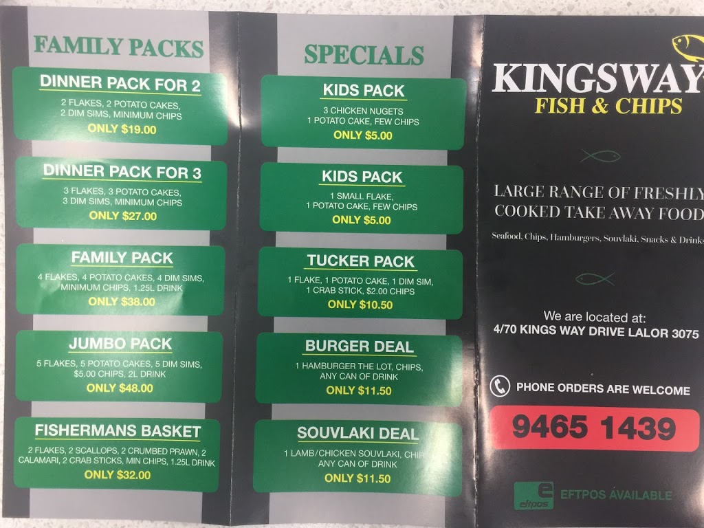 Kingsway Fish & Chips | restaurant | 4/70 Kingsway Dr, Lalor VIC 3075, Australia | 0394651439 OR +61 3 9465 1439