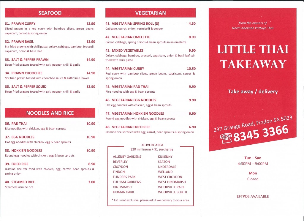 Little Thai Takeaway | restaurant | Unit 2/237 Grange Rd, Findon SA 5023, Australia | 0883453366 OR +61 8 8345 3366