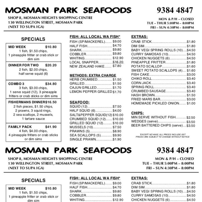 Mosman Park Seafoods | meal takeaway | 130 Wellington St, Mosman Park WA 6012, Australia | 0893844847 OR +61 8 9384 4847