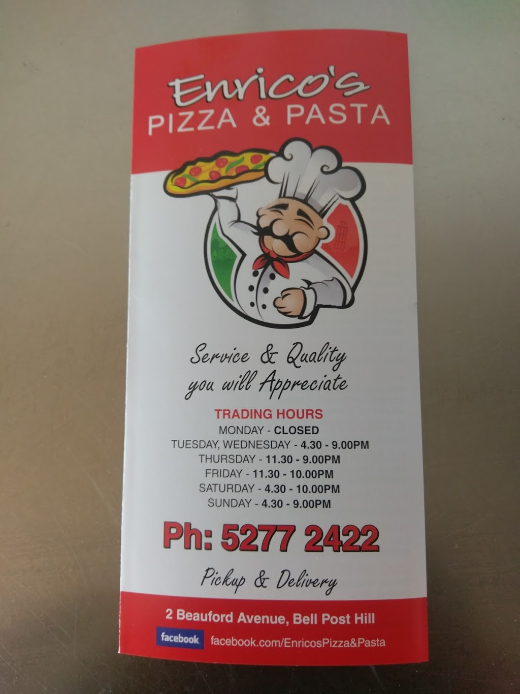 Enricos Pizza & Pasta | meal takeaway | 2 Beauford Ave, Bell Post Hill VIC 3215, Australia | 0352772422 OR +61 3 5277 2422