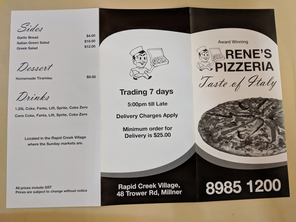 Renes Pizzeria | meal takeaway | Anula Shopping Centre, 5/53 Yanyula Dr, Anula NT 0812, Australia | 0889851200 OR +61 8 8985 1200