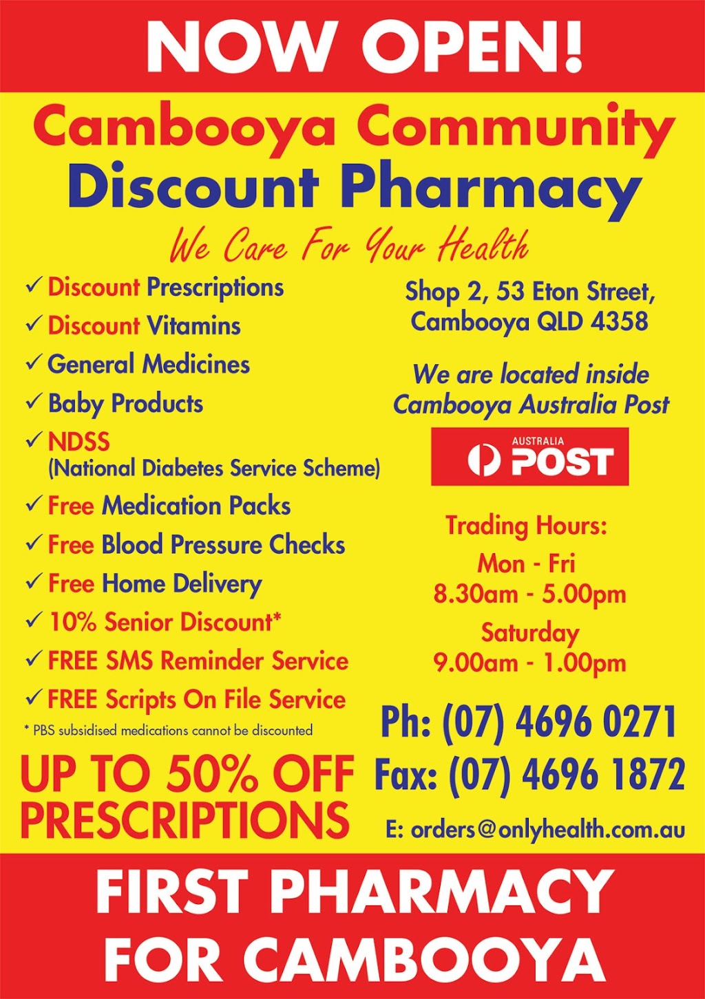 Cambooya Community Discount Pharmacy | 53 Eton St, Cambooya QLD 4358, Australia | Phone: (07) 4696 0271