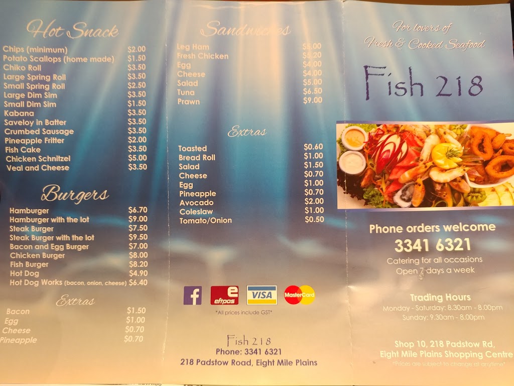 Fish 218 | restaurant | 10/218 Padstow Rd, Eight Mile Plains QLD 4113, Australia | 0733416321 OR +61 7 3341 6321