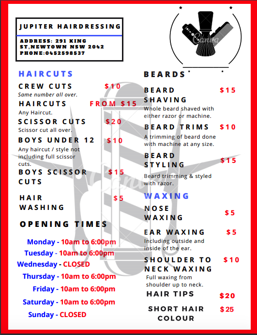 Jupiter Barbershop | hair care | 287/289 King St, Newtown NSW 2042, Australia | 0452598537 OR +61 452 598 537